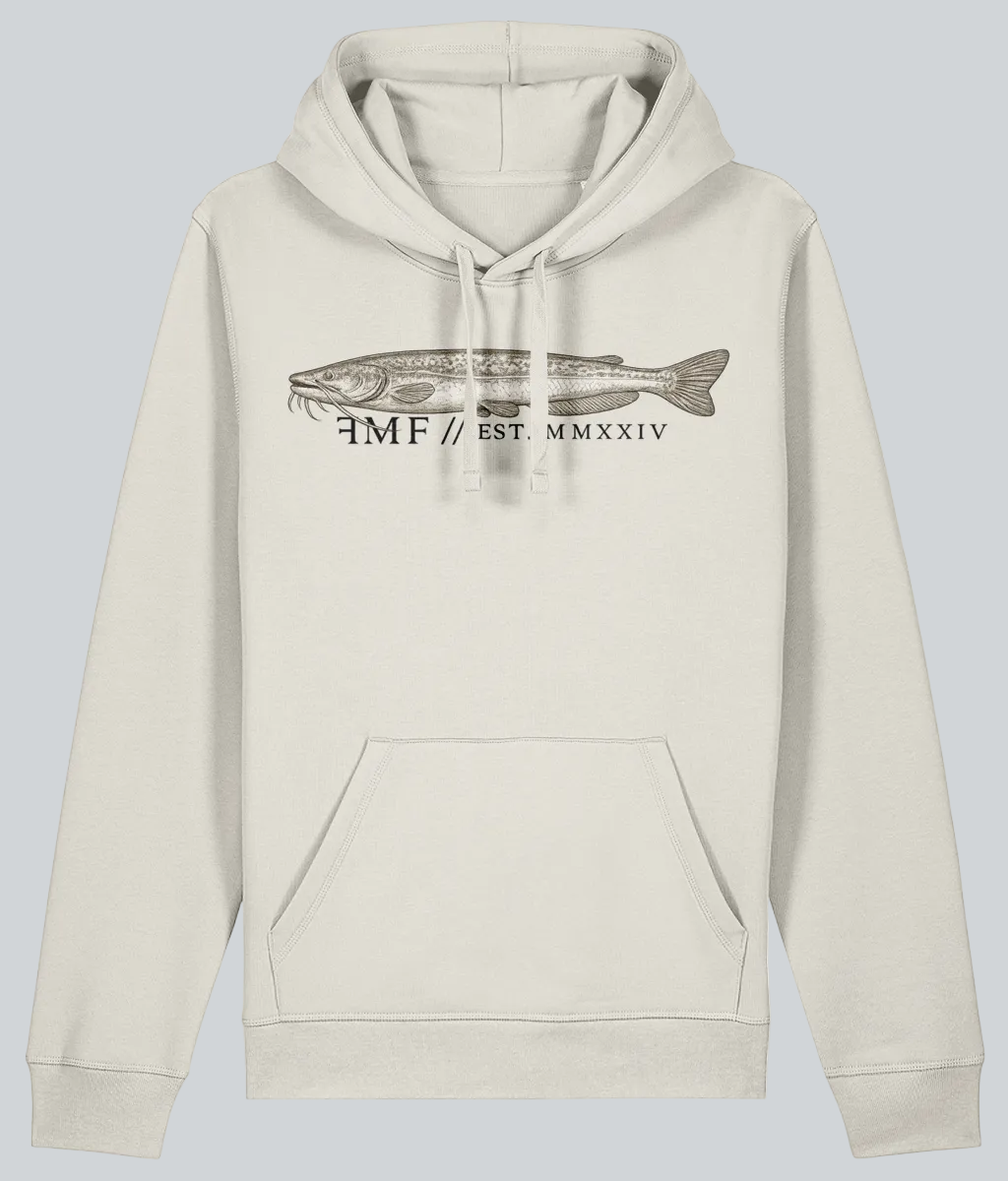 Beige hoodie with fish graphic and text on a white background