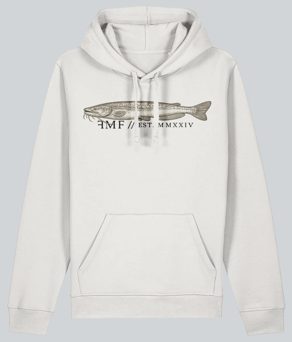 White hoodie with fish graphic and text on a white background
