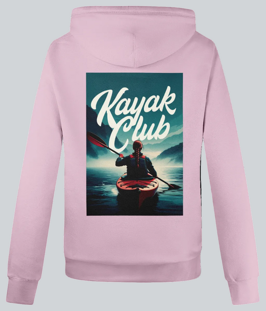 Pink hoodie with 'Kayak Club' graphic on the back featuring a person in a kayak.