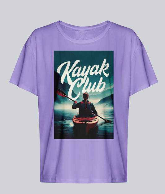 Purple t-shirt with 'Kayak Club' graphic featuring a person in a kayak on a lake.