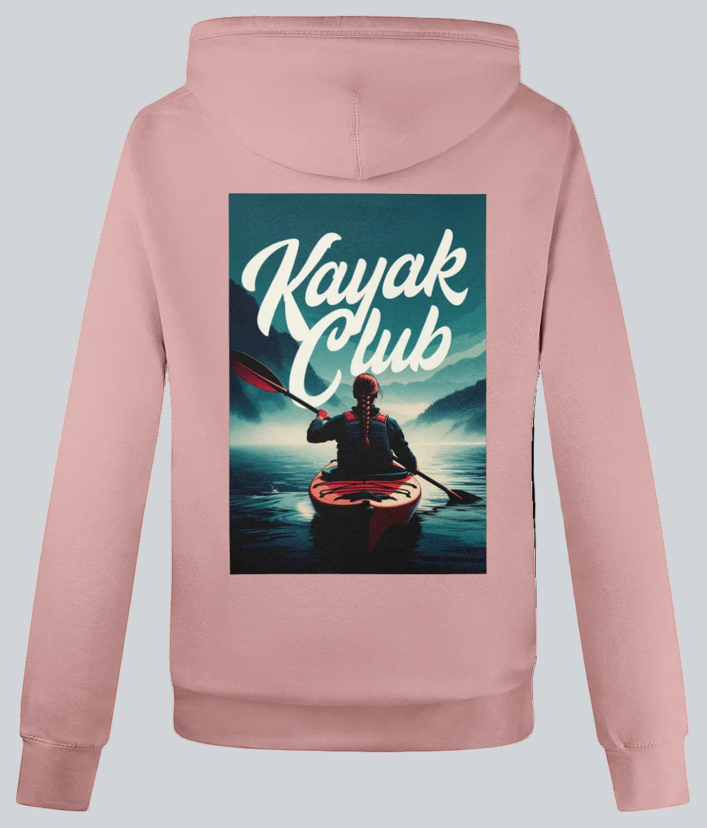 Pink hoodie with 'Kayak Club' graphic on the back featuring a person in a kayak.