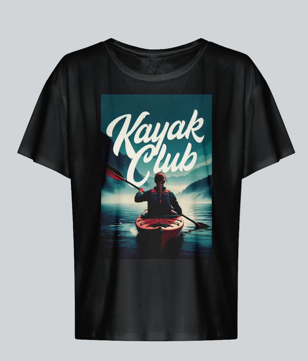 Black t-shirt with 'Kayak Club' graphic featuring a person in a kayak on a lake.