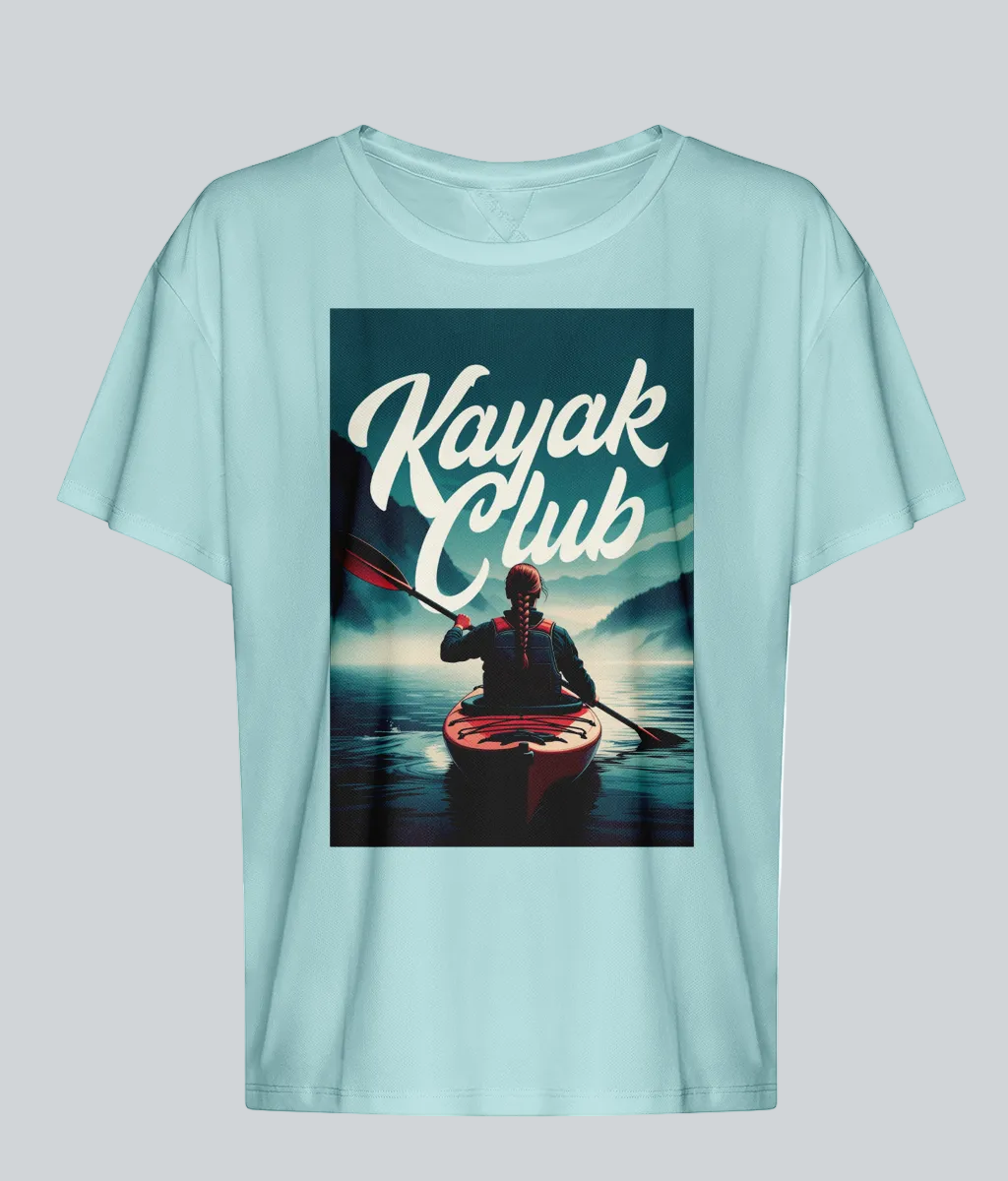 Light blue t-shirt with 'Kayak Club' graphic featuring a person in a kayak on water.