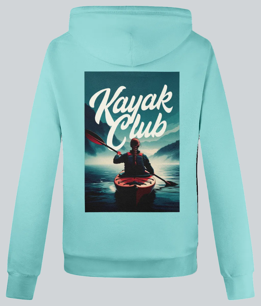 Light blue hoodie with 'Kayak Club' graphic on the back
