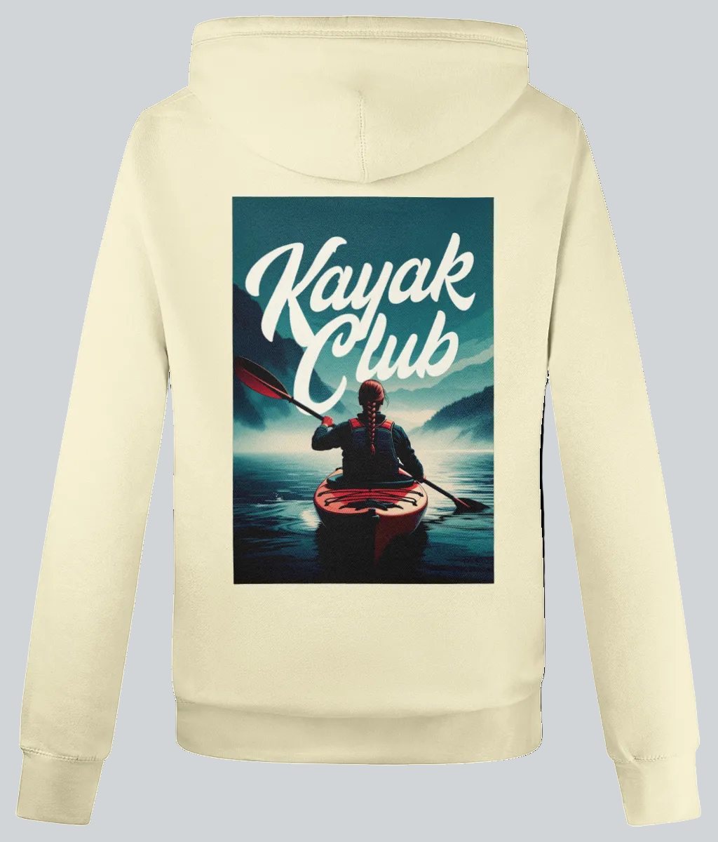 Beige hoodie with 'Kayak Club' graphic on the back featuring a person in a kayak.