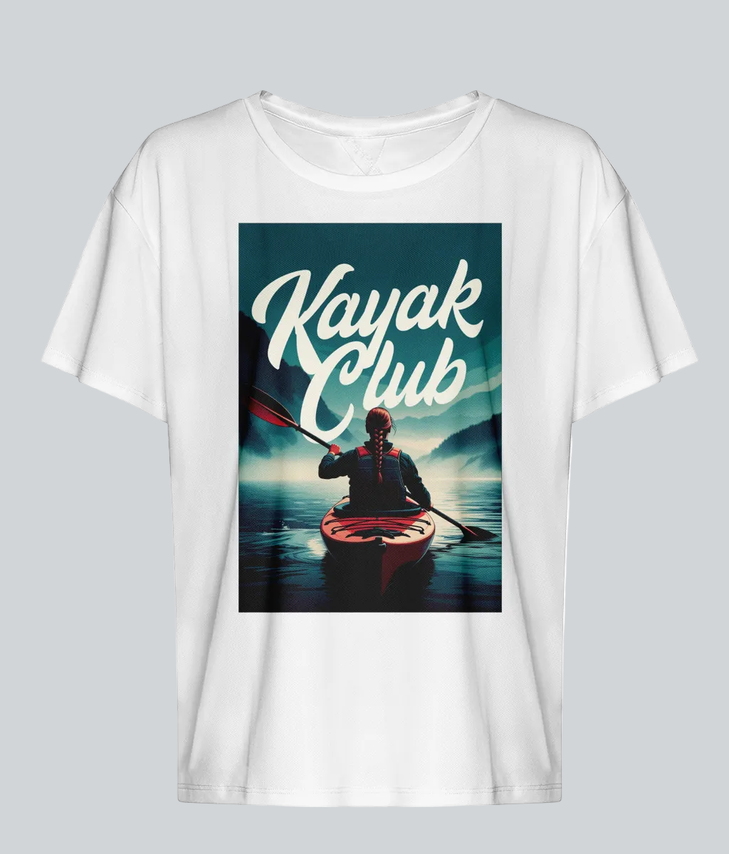 White t-shirt with 'Kayak Club' graphic featuring a person in a kayak on a lake.
