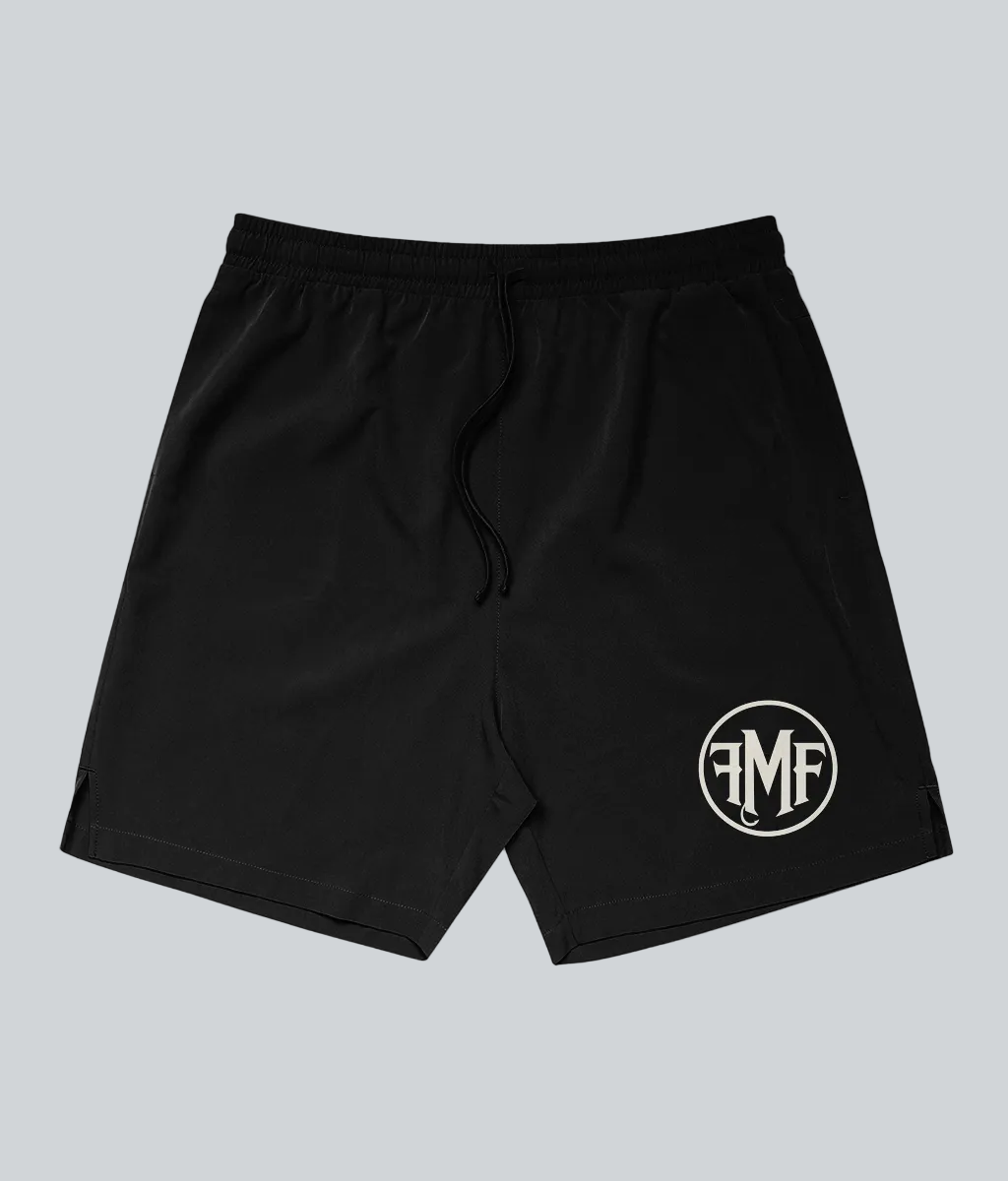 Black shorts with a logo on a white background