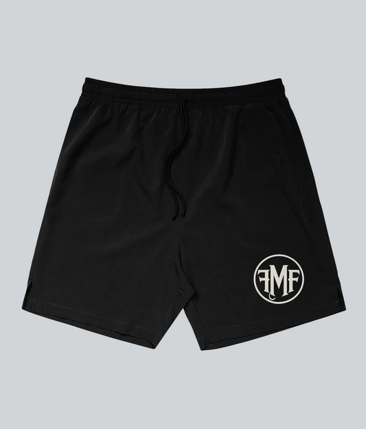 Black shorts with a logo on a white background
