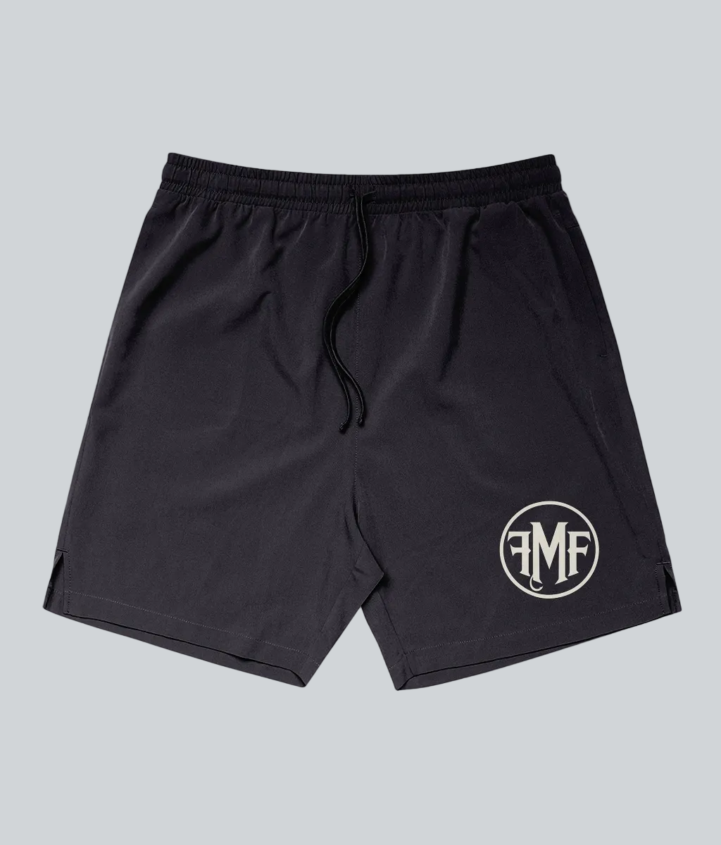 Black shorts with a logo on a white background