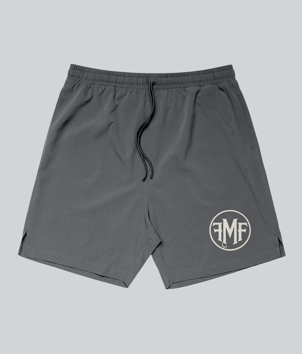 Gray shorts with a logo on a white background
