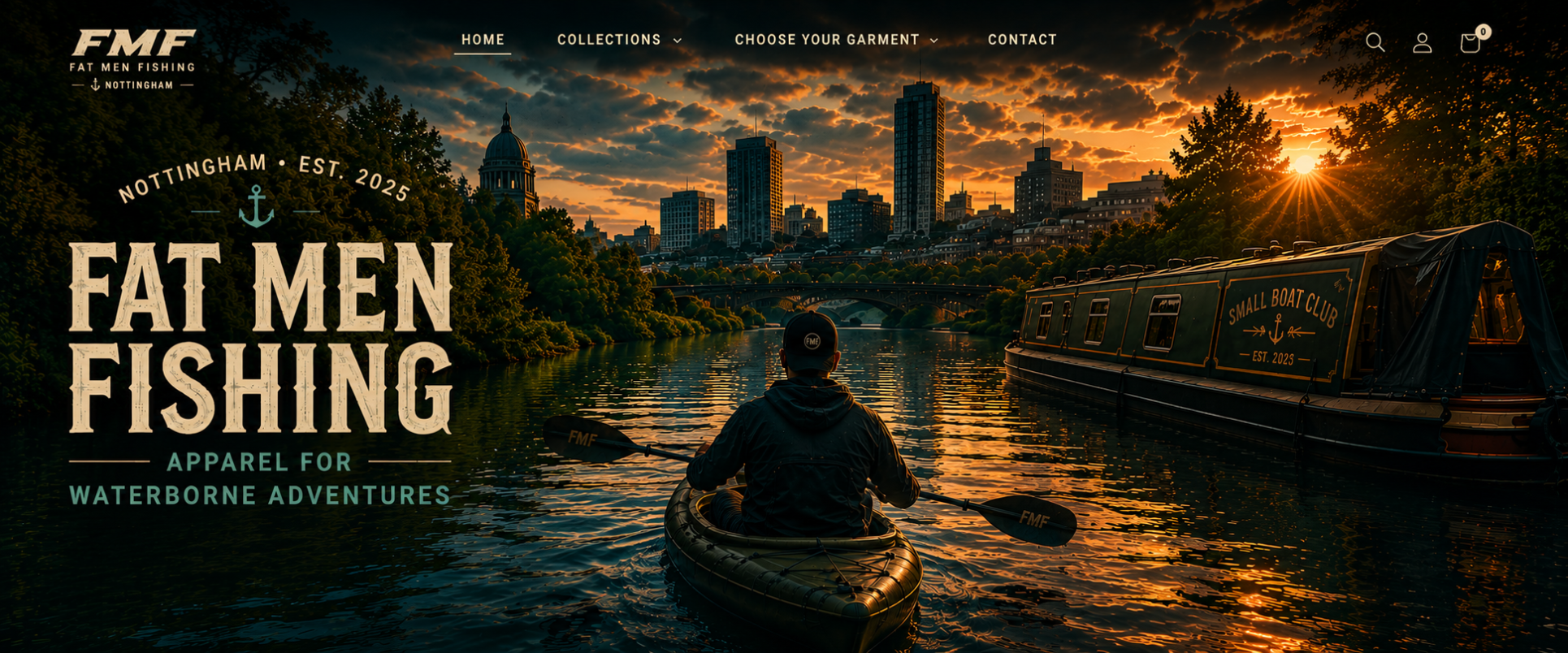 Website header for Fat Men Fishing with a kayaker on a river and city skyline.