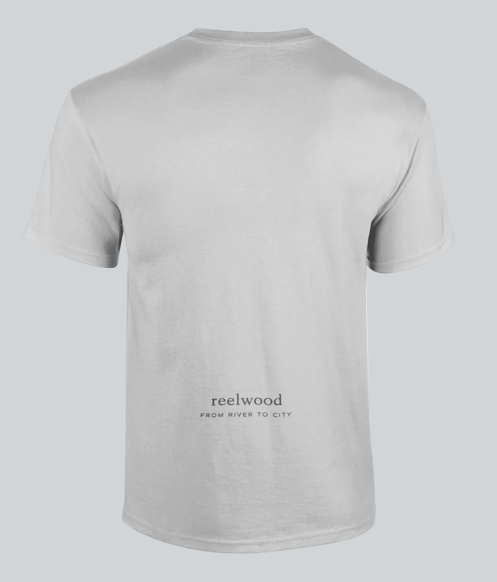 Gray t-shirt with black text and icons on the back, displayed against a white background.