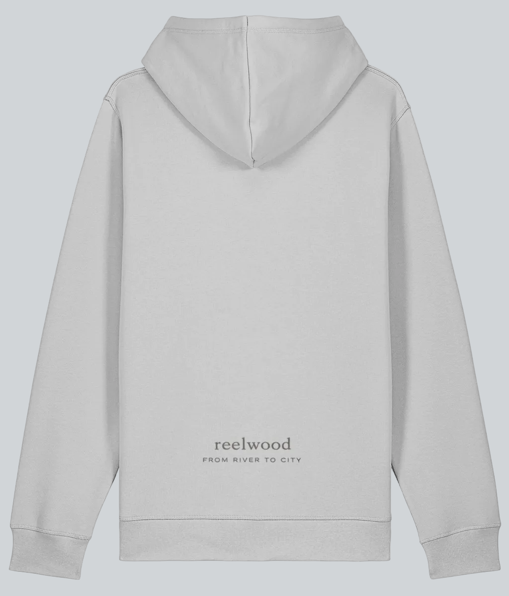 Gray hoodie with 'reelwood' text on the back against a white background