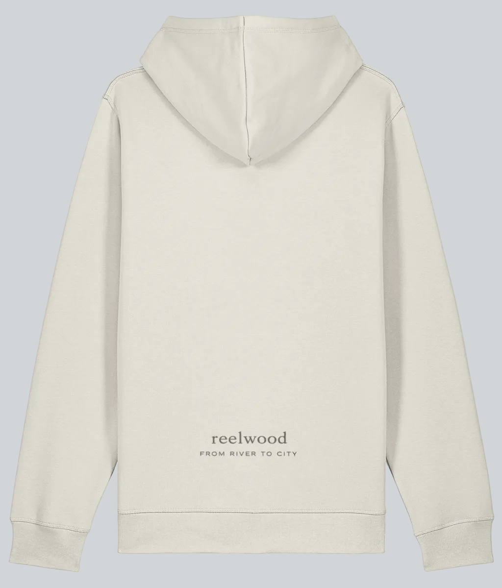 Beige hoodie with 'reelwood' text on the back against a white background