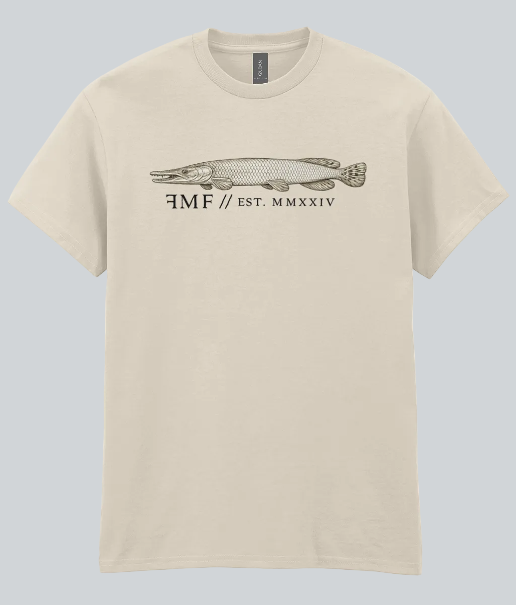 Beige t-shirt with a fish graphic and text on a white background