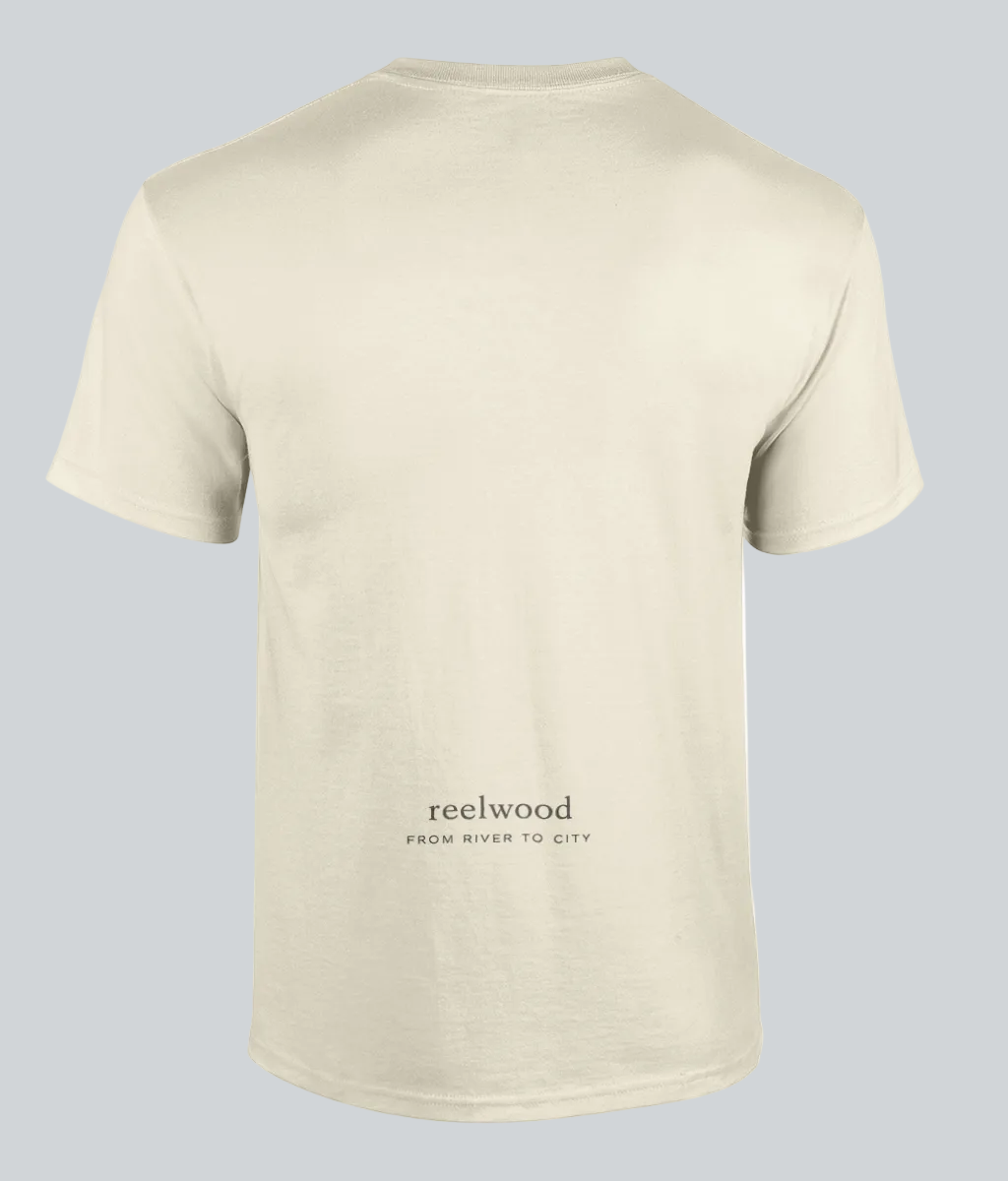 Beige t-shirt with 'reelwood' text on a white background