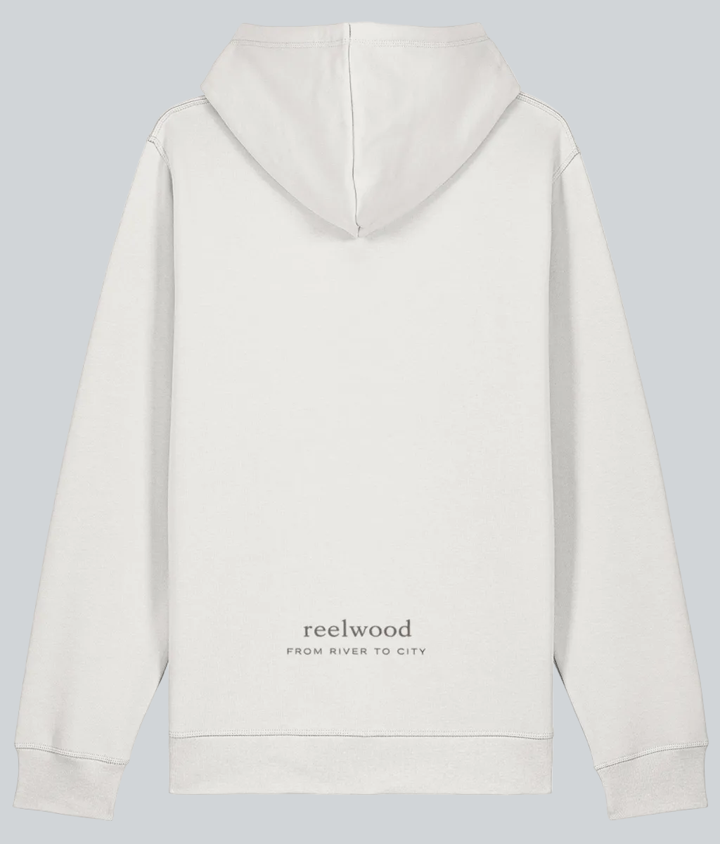 White hoodie with 'reelwood' text on the back against a white background