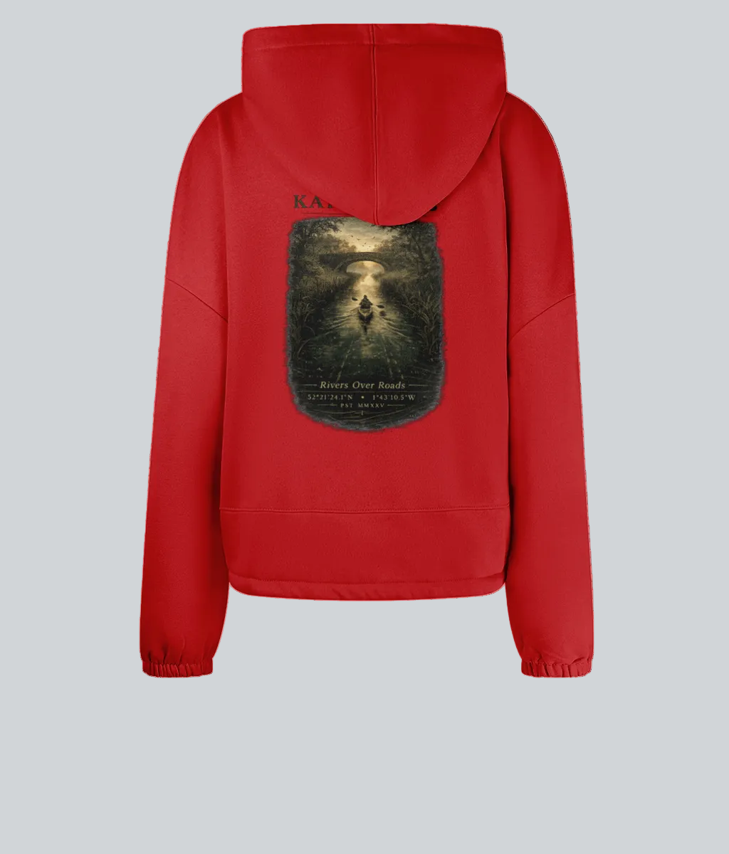 Red hoodie with a graphic design on the back against a white background