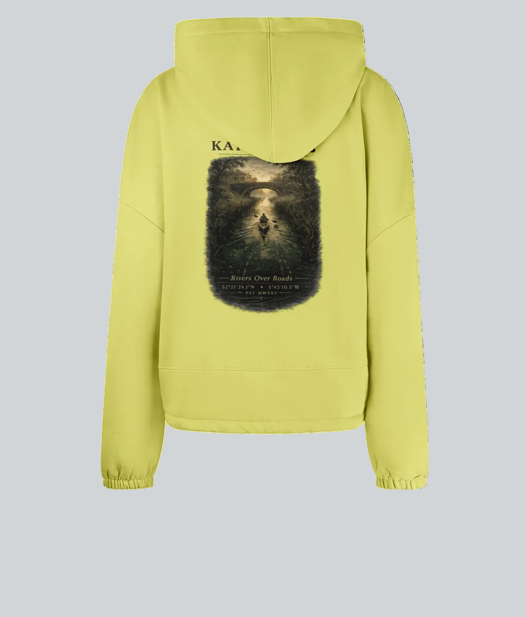 Yellow hoodie with a graphic design on the back against a white background