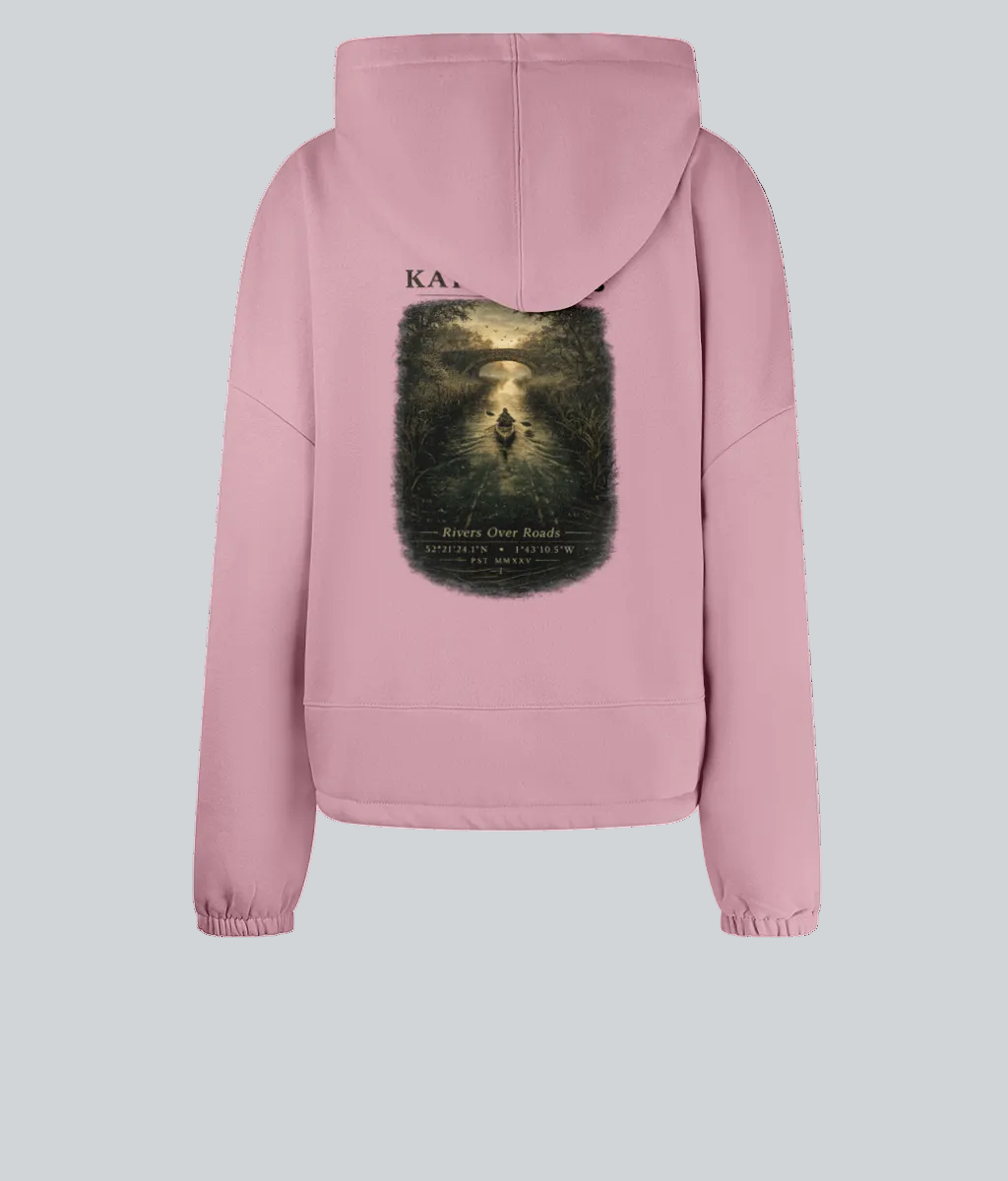 Pink hoodie with a scenic graphic on the back against a white background