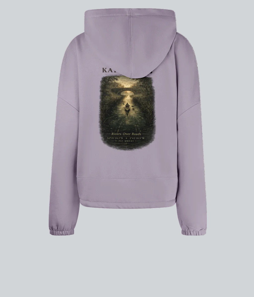 Purple hoodie with a nature-themed graphic on the back against a white background