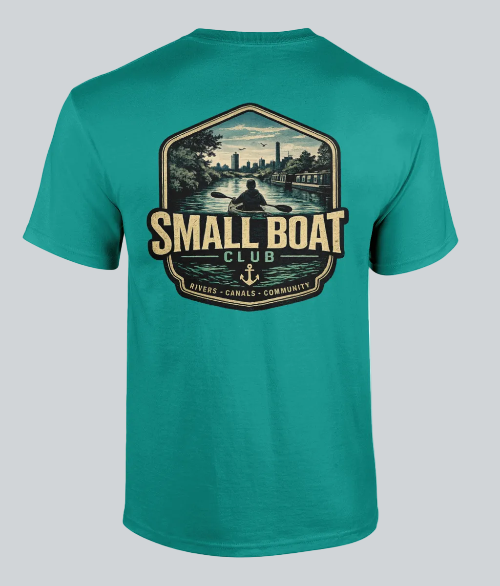 Teal t-shirt with 'Small Boat Club' graphic on a white background