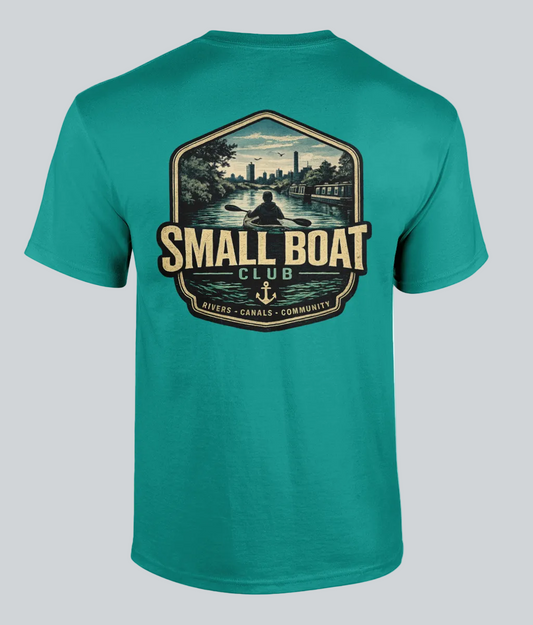 Teal t-shirt with 'Small Boat Club' graphic on a white background