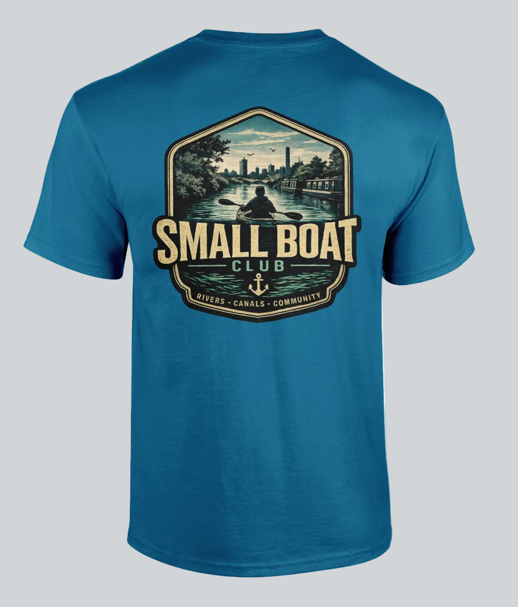 Blue t-shirt with 'Small Boat Club' graphic on a white background