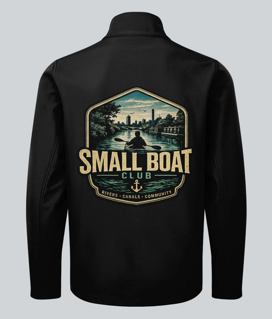 Black jacket with 'Small Boat Club' graphic on the back against a white background