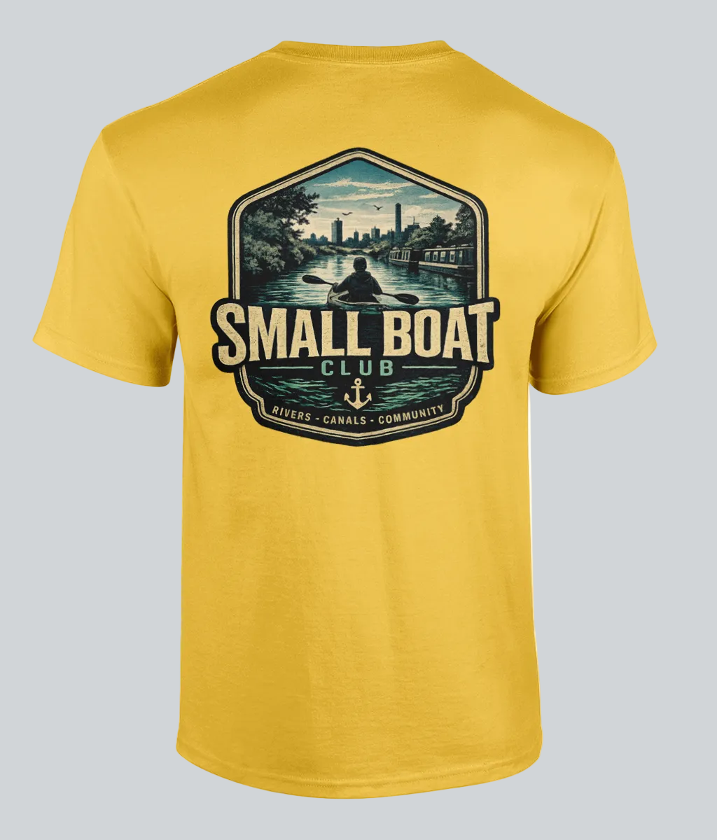Yellow t-shirt with 'Small Boat Club' graphic on a white background