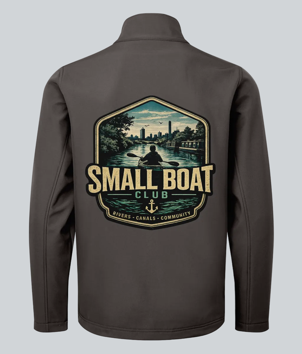 Gray jacket with 'Small Boat Club' graphic on the back against a white background