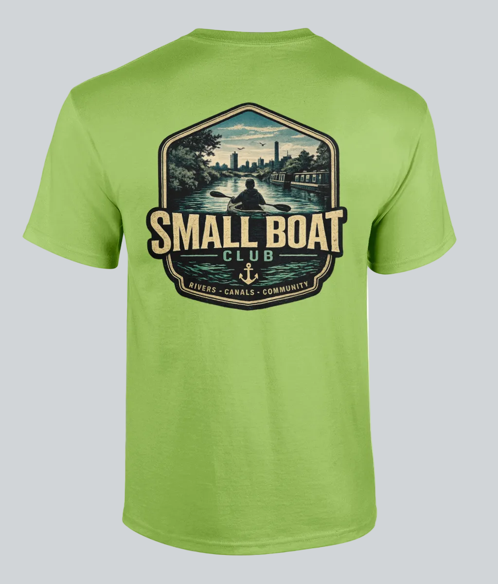 Green t-shirt with 'Small Boat Club' graphic on a white background