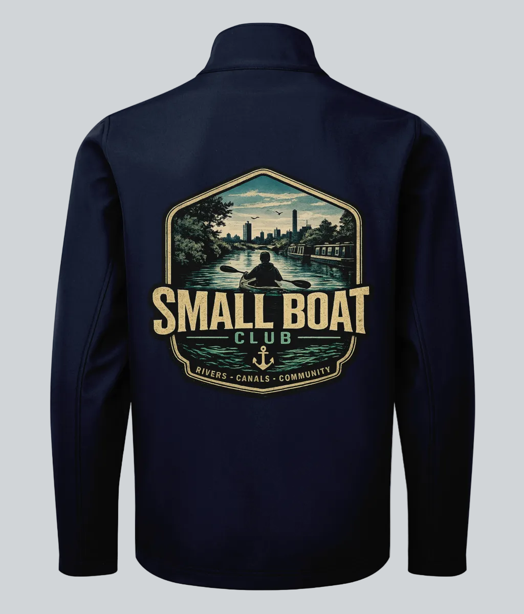 Navy blue jacket with 'Small Boat Club' graphic on the back against a white background
