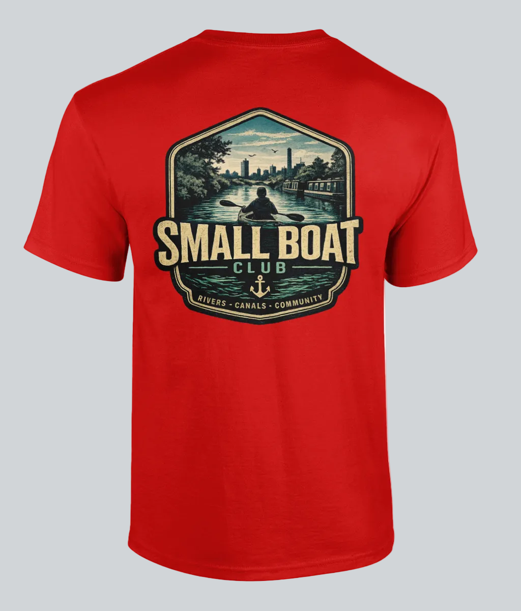 Red t-shirt with 'Small Boat Club' graphic on a white background