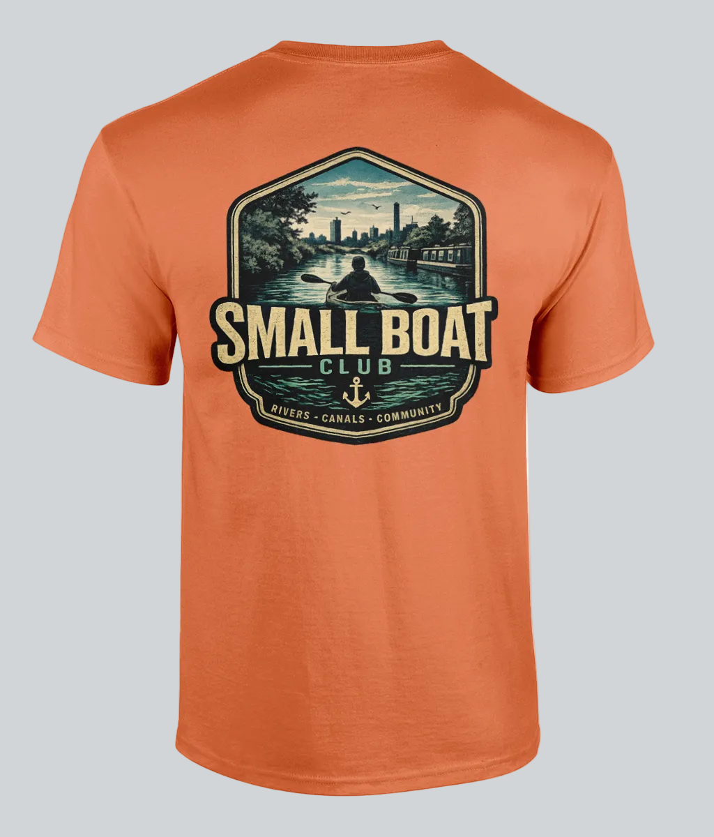 Orange t-shirt with 'Small Boat Club' graphic on a white background