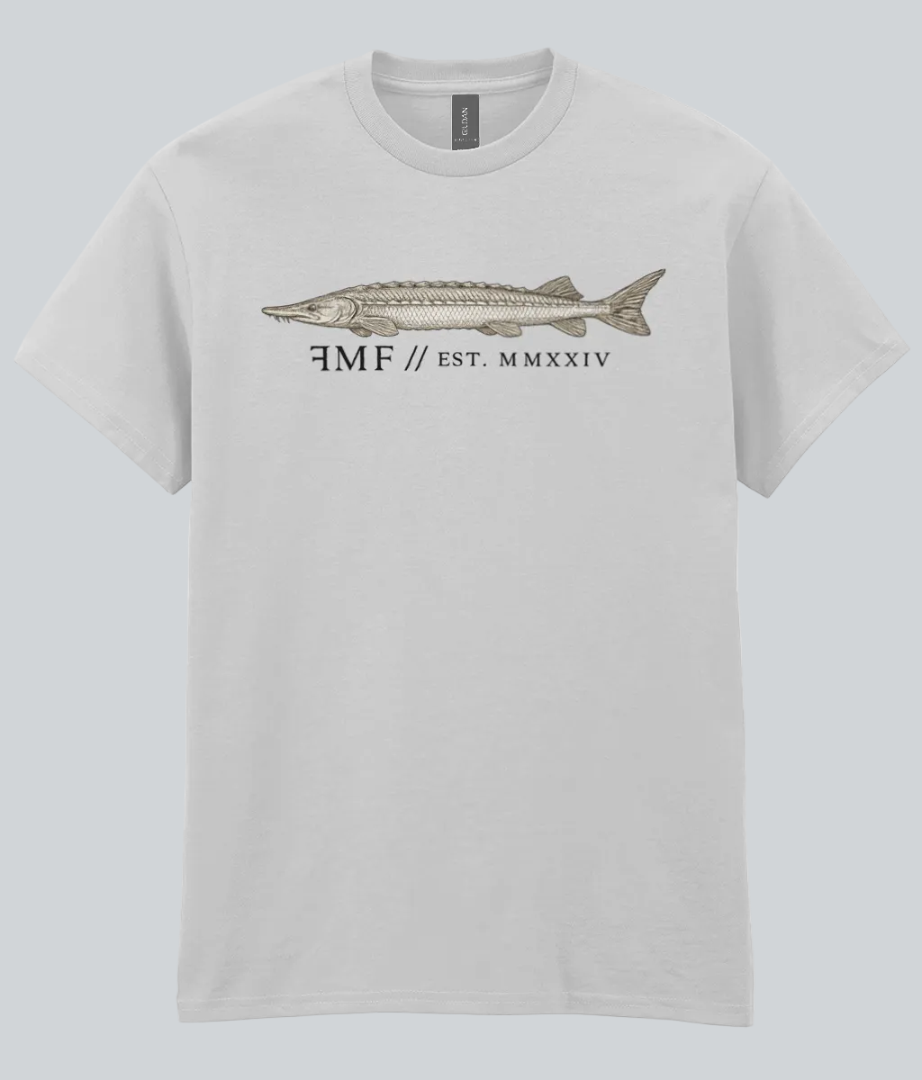 Gray t-shirt with a fish graphic and text on a white background
