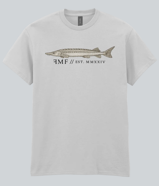 Gray t-shirt with a fish graphic and text on a white background