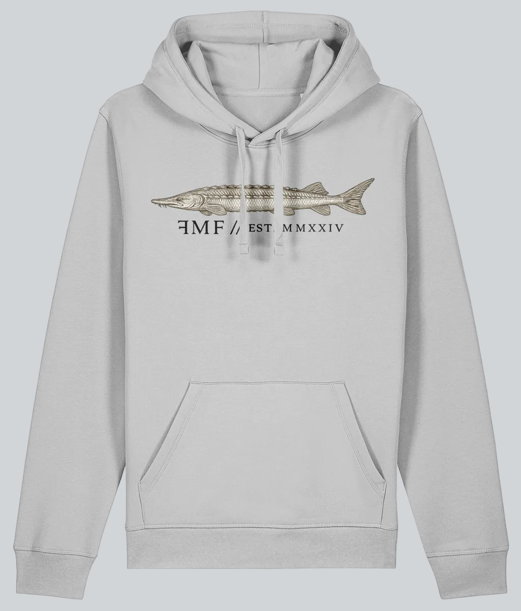 Gray hoodie with a fish graphic and text on a white background