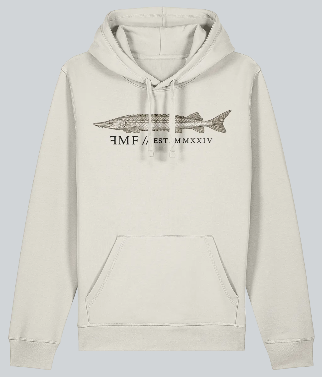 Beige hoodie with fish graphic and text on a white background