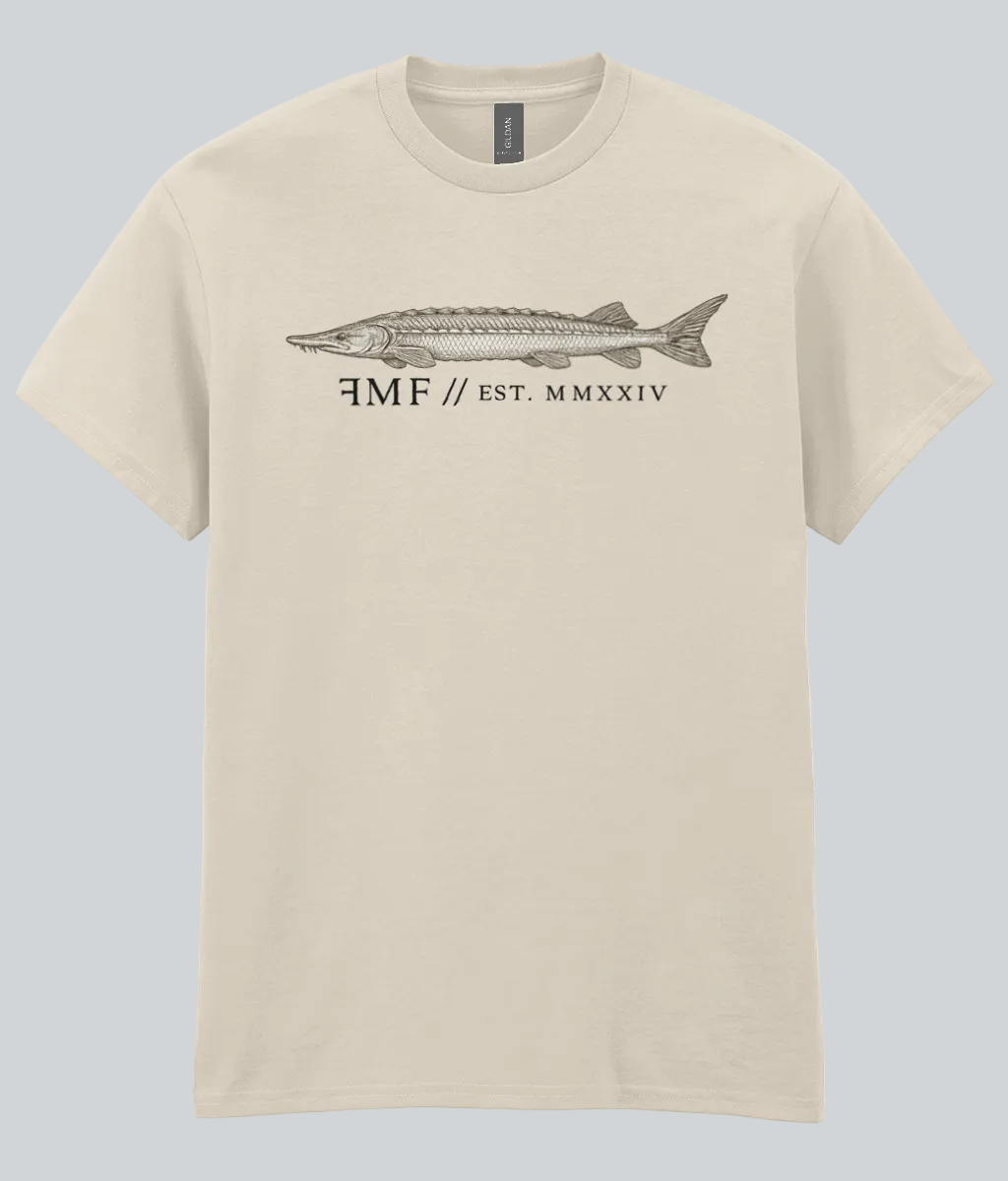 Beige t-shirt with fish graphic and text on a white background