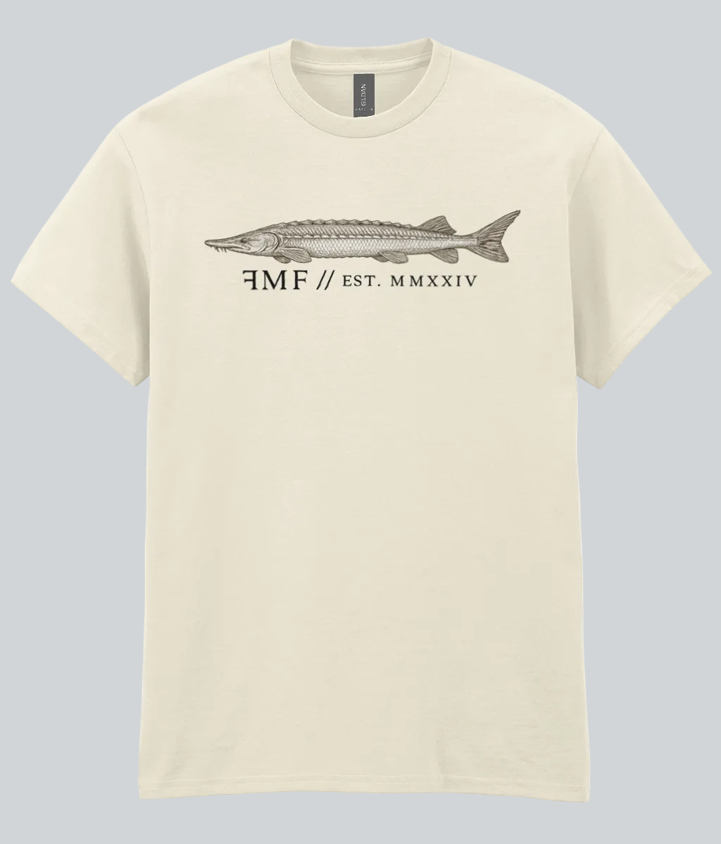 Beige t-shirt with fish graphic and text on a white background