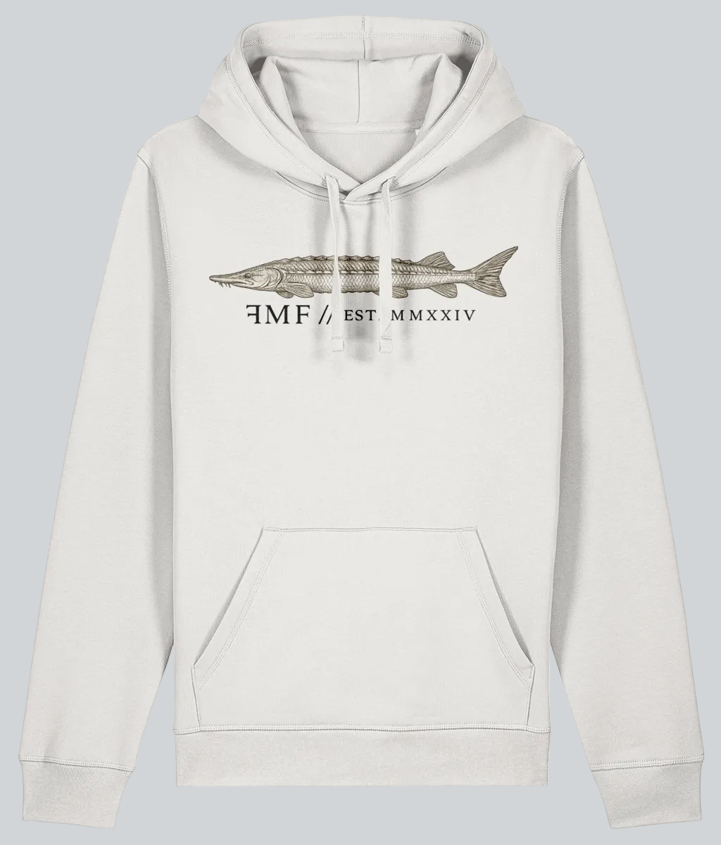 White hoodie with fish graphic and text on a white background