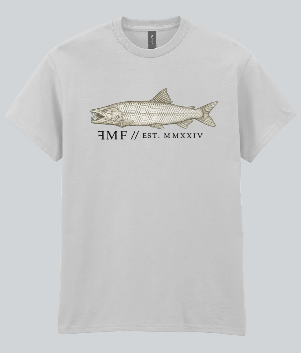 Gray t-shirt with a fish graphic and text on a white background