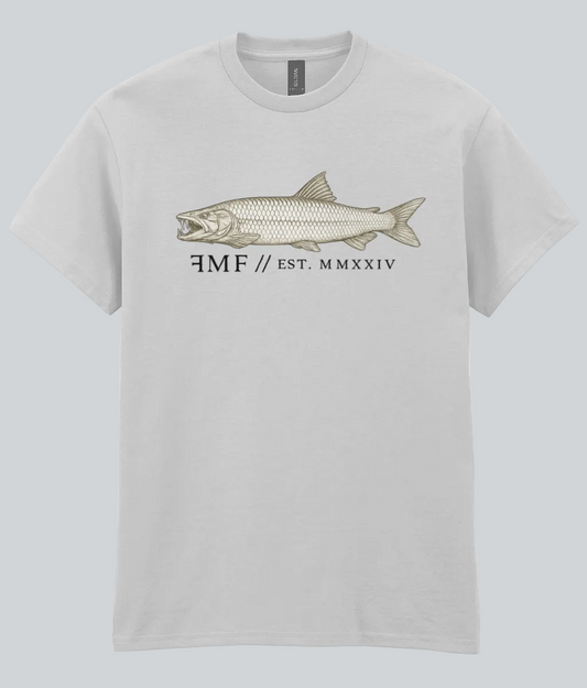 Gray t-shirt with a fish graphic and text on a white background