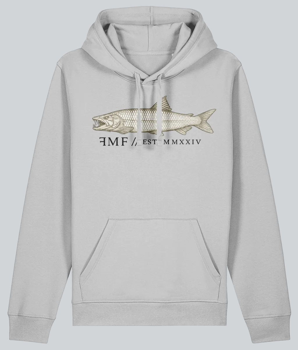 Gray hoodie with fish graphic and text on a white background