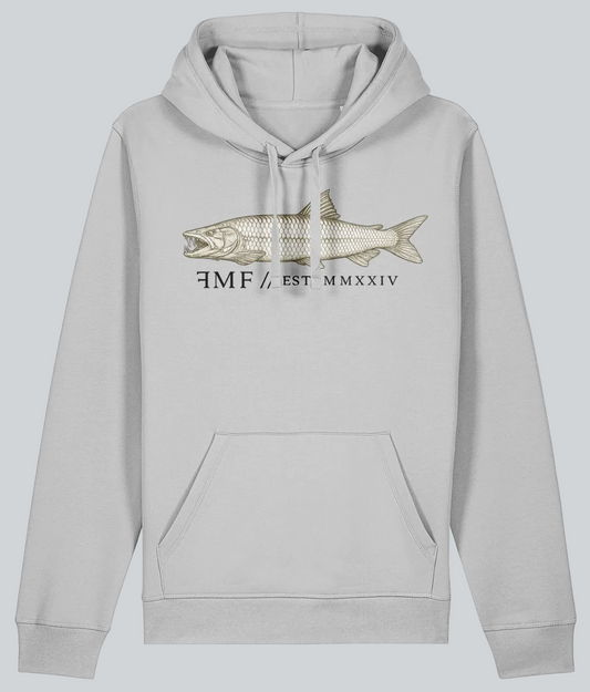 Gray hoodie with fish graphic and text on a white background