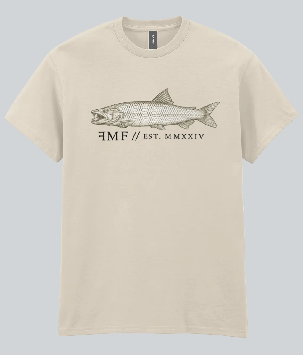 Beige t-shirt with fish graphic and text on a white background