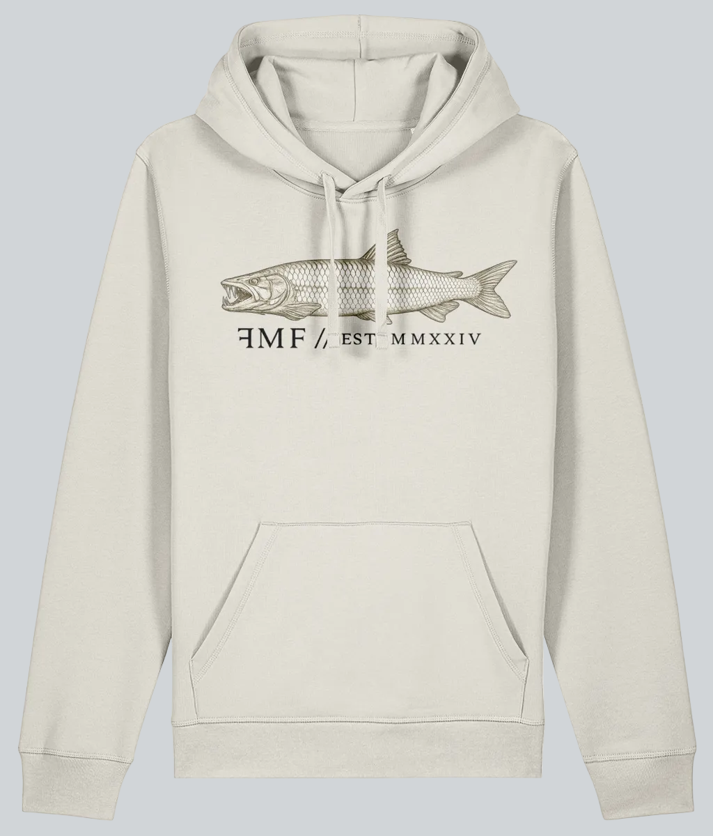 Beige hoodie with fish graphic and text on a white background