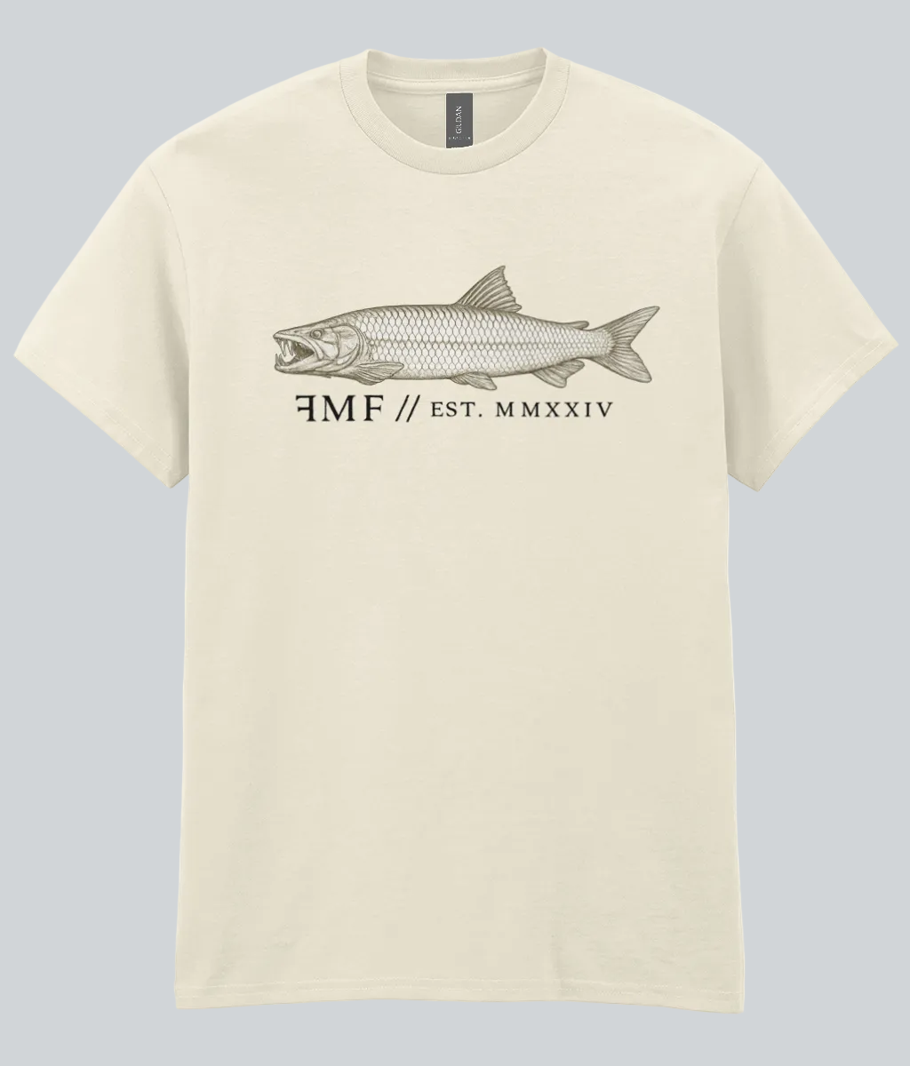 Beige t-shirt with a fish graphic and text on a white background