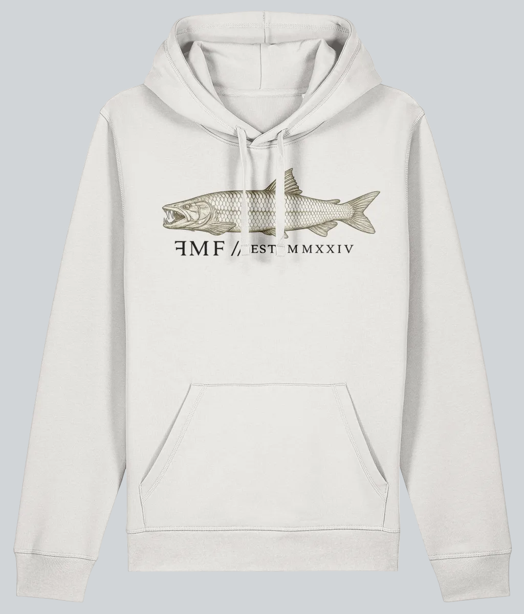 White hoodie with fish graphic and text on a white background